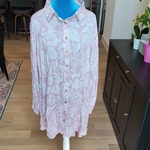 Pink and White Button-Up  Boho Mini  Shirt Dress Sz S